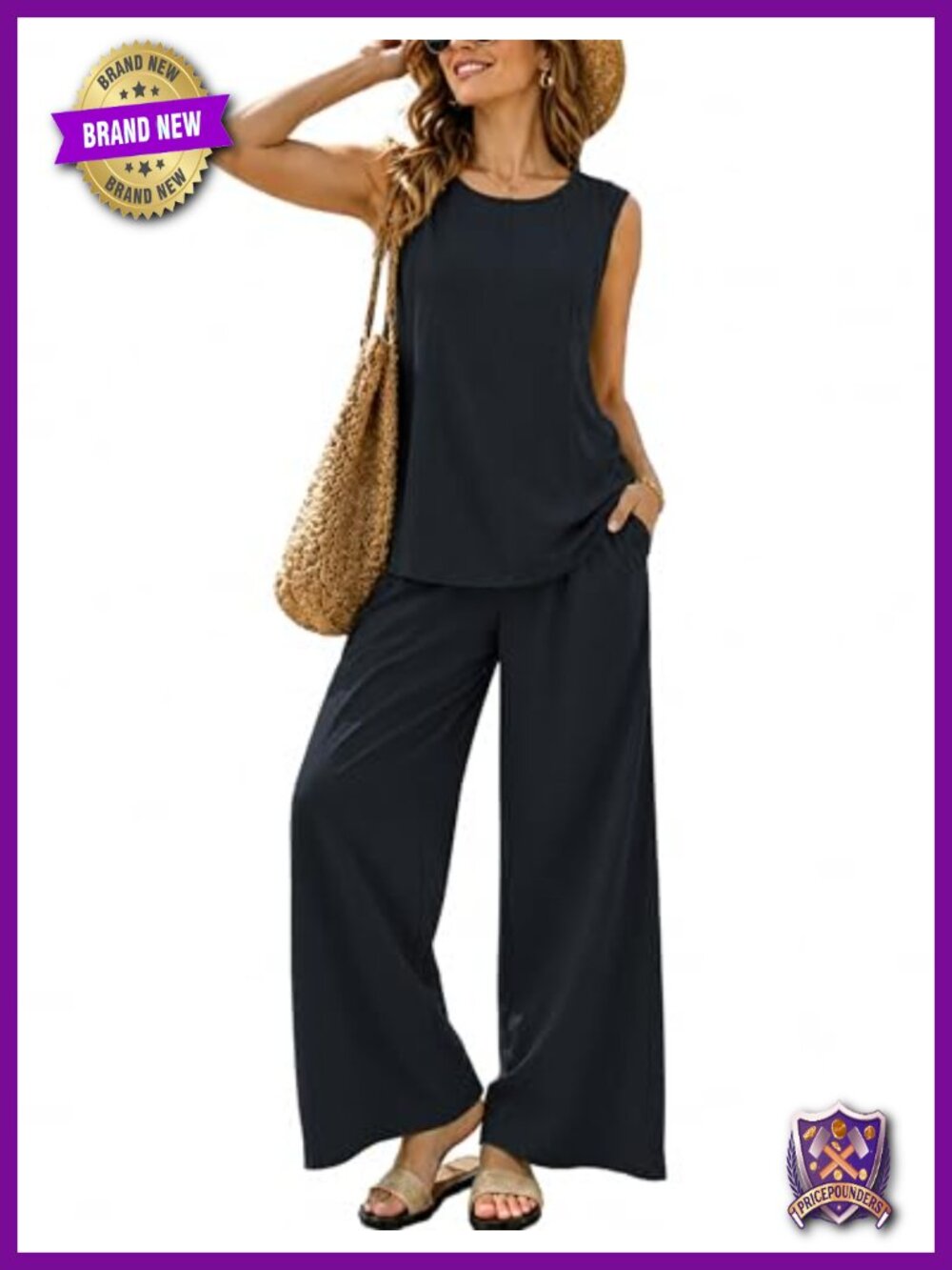 Women's 2 Piece Cotton Spandex Matching Set Sleeveless Top Wide Leg Pants